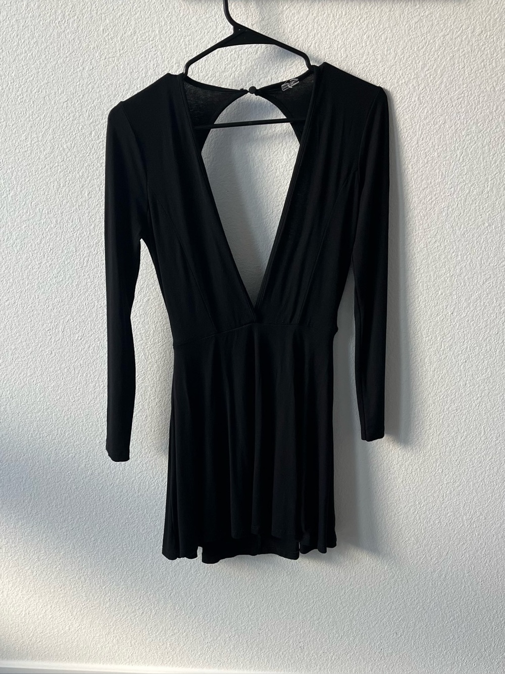 Backless long sleeve deep plunge v neck mini skater dress - Black